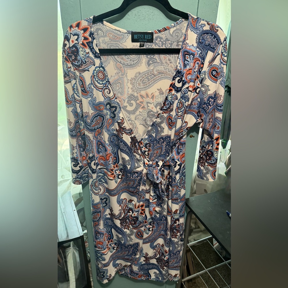 Betsy Red Couture-Paisley Wrap Dress - Blues & Oranges- 1XLG-NWOT